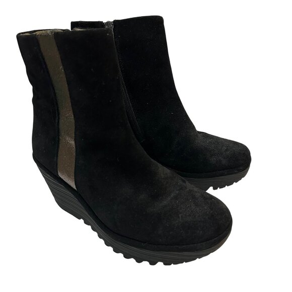 Fly London Womens 37 Black Suede Metallic Stripe Inside Zip Platform Wedge Boot - Picture 1 of 13